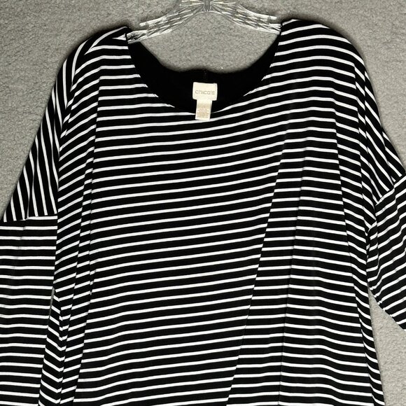 Chicos Tunic‎ Tabitha Top Size XL Black White Stripe Overlay Stretch Boho - Picture 5 of 11